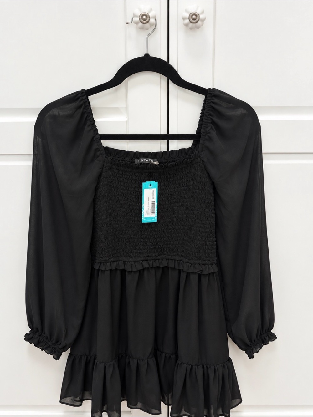 STATE Black Smocked Square-Neck Peasant Tunic